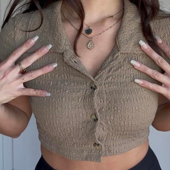 Tan Knitted Button Up Crop Top - Picture 2 of 5